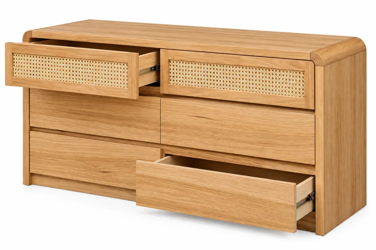 MD Metz Solid Timber Rattan 6 Drawer Low Chest