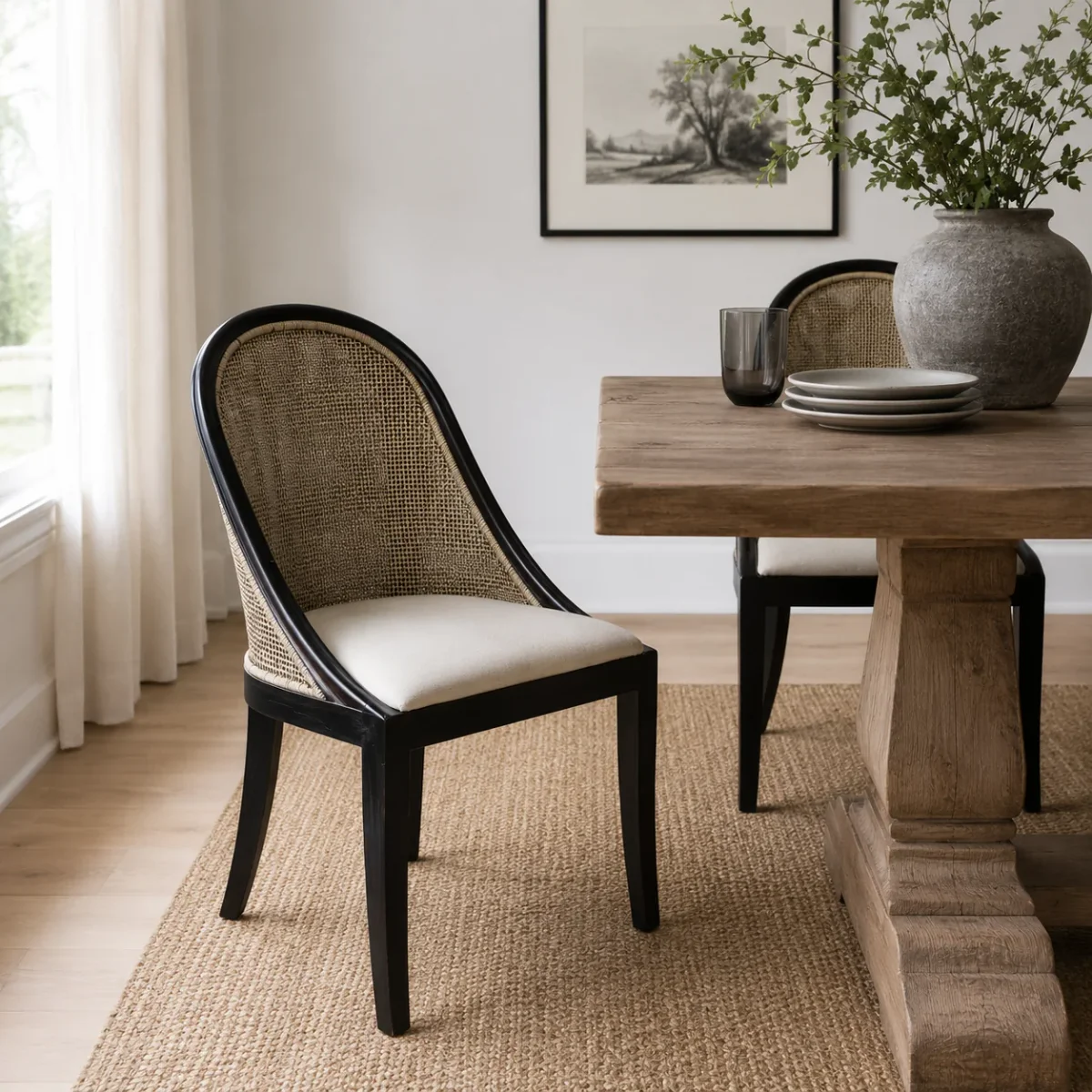CR Alabama Timber Framed Rattan Back Fabric Seat Dining Chair