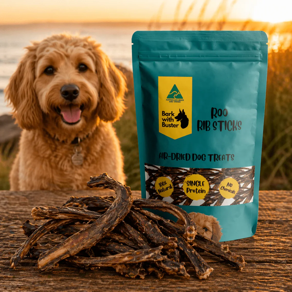 Bark with Buster Kangaroo Dog Bones Rib Sticks — 500g