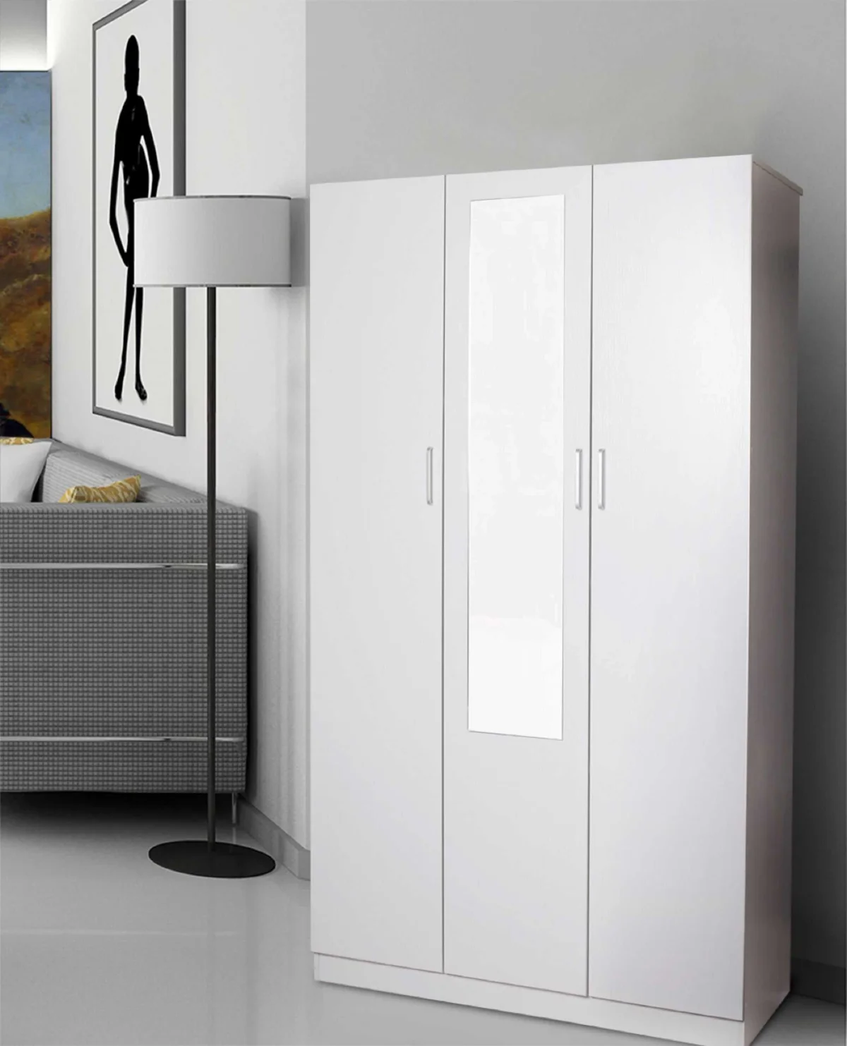 HE Randwick 3 Door 4 Shelf Cupboard with Mirror and Hanging Rail