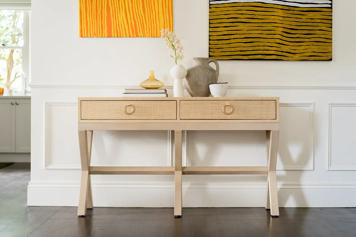 CR Renoir Raffia Solid Timber 2 Drawer Console Table