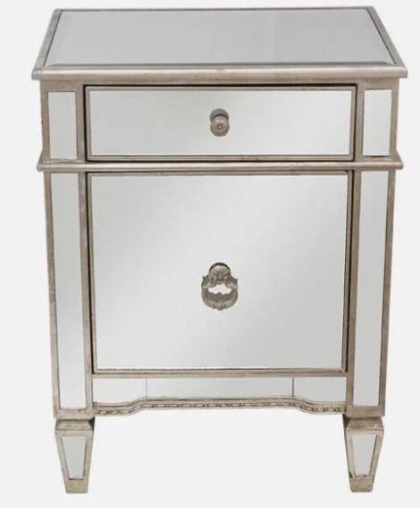 DA Antiqued Mirrored 1 Door 1 Drawer Bedside Table