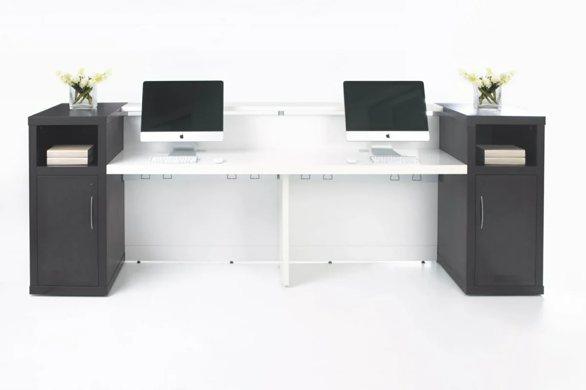 GP Aston Reception Counter Gloss White with Walnut Side