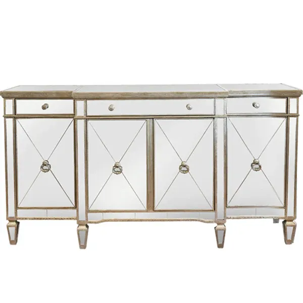 DA Antiqued Mirrored Ribbed 4 Door 3 Drawer Sideboard