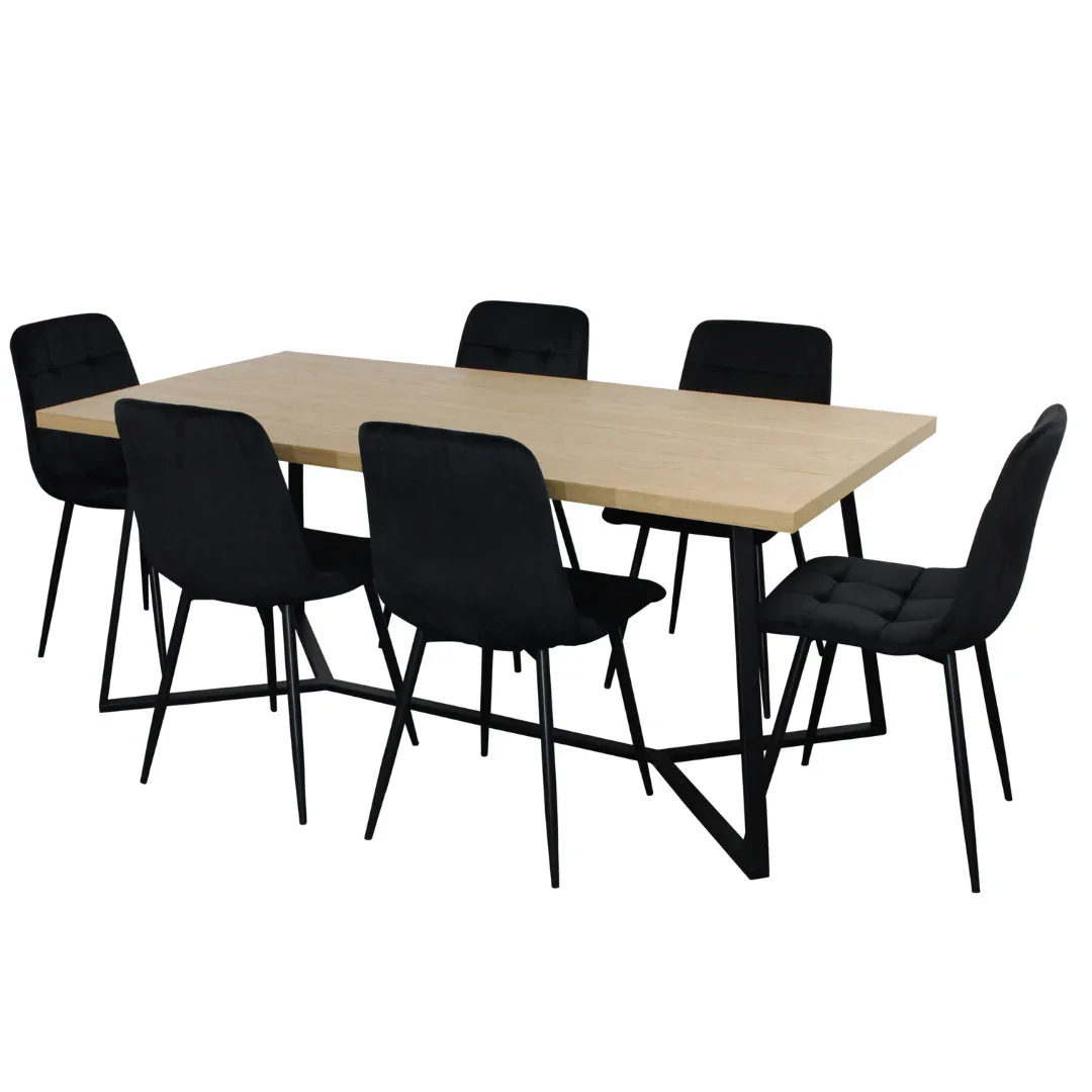 BT April Metal Leg Timber Veneer Top Dining Table with 6 Fiore Chairs Set
