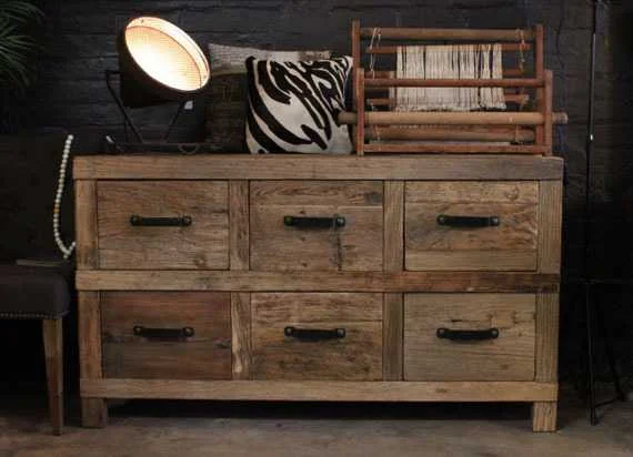 MF Industrial Iron Solid Timber 6 Drawer Sideboard