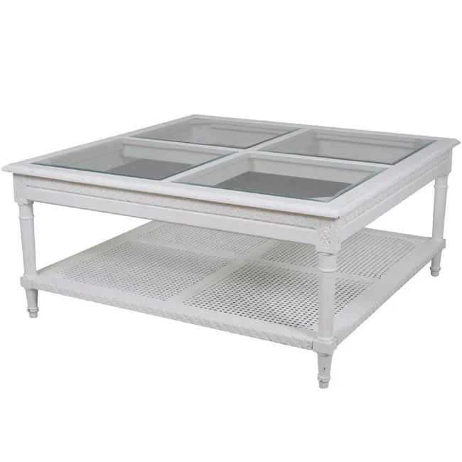 DA Polo Glass Top Square Coffee Table with Shelf – White