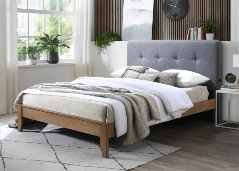 VI Dallas Fabric Upholstered Timber Leg Bed with USB