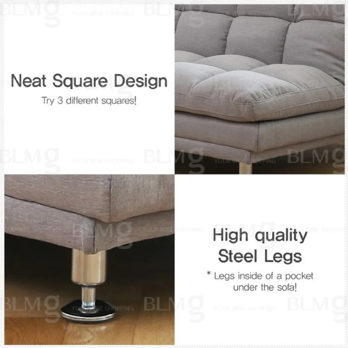 HE Vivin Fabric Upholstered Metal Leg 3 Seater Sofa Bed
