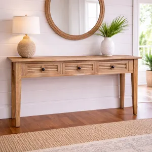 MF Oakwood Louvre Solid Timber 3 Drawer Hall Table thumbnail 2