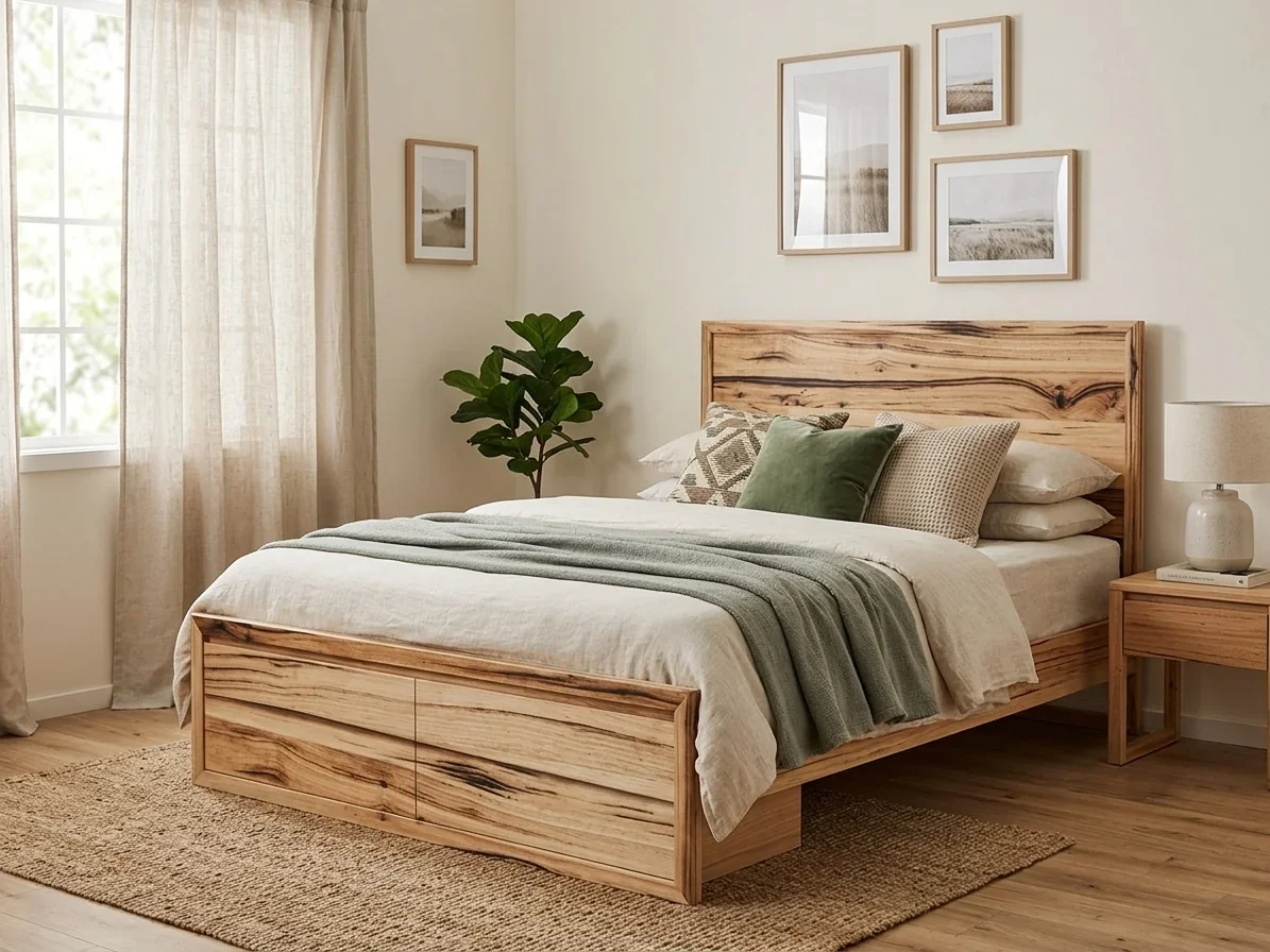 MD Bright Solid Timber King Bed with 2 Bedend Drawers