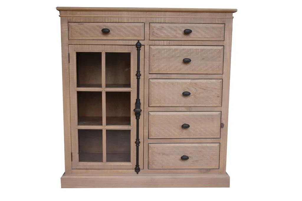 VI Provincial Solid Timber 6 Drawer 1 Glass Door Tallboy