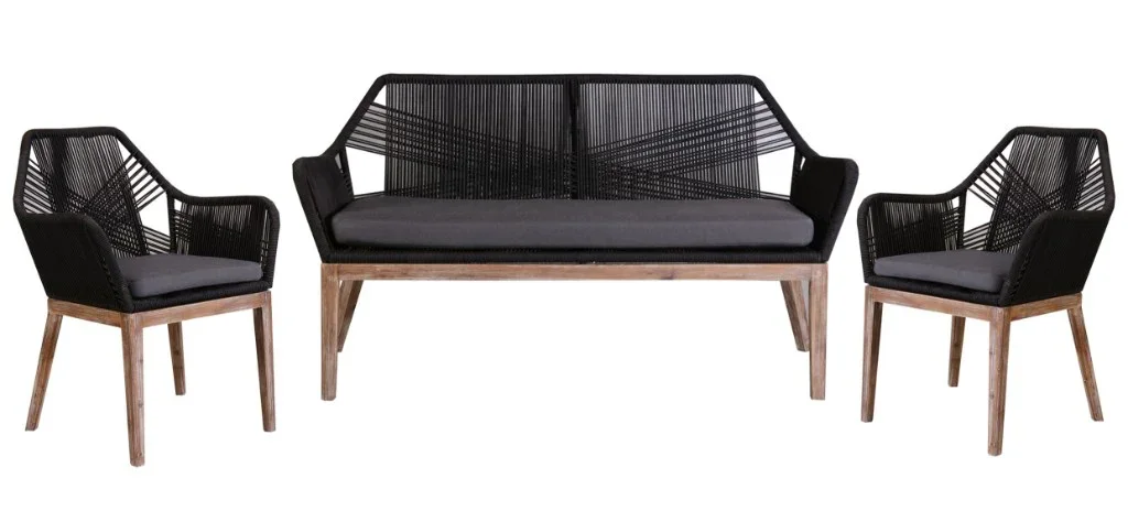 VI Faro Timber Leg Round Rope 3 Piece Outdoor Lounge Set