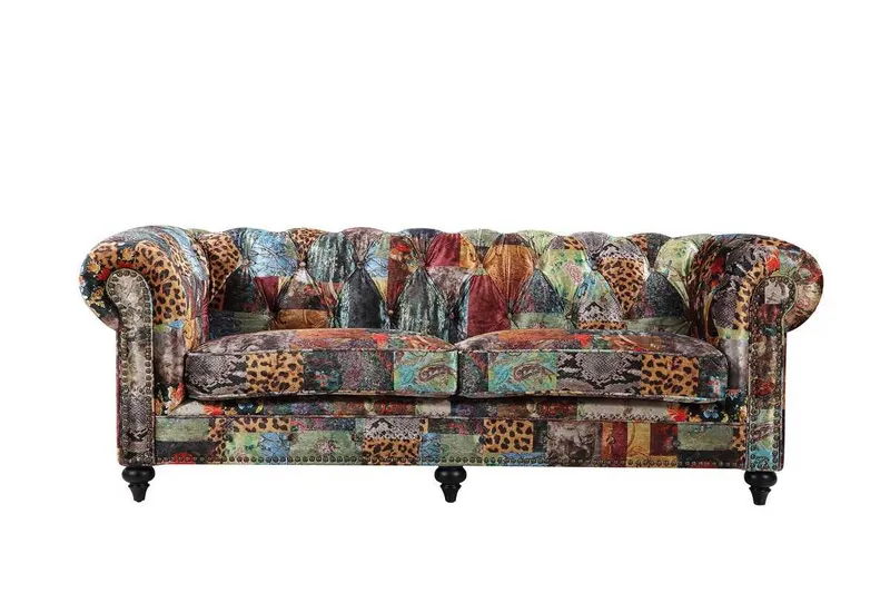 BT Chesterfield Velvet Upholstered 3 Seater Sofa Patchwork