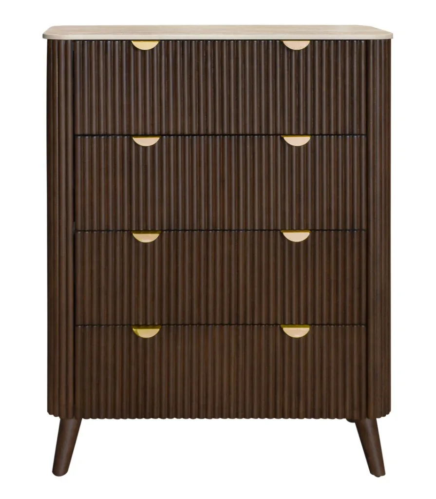 VI Cotswold Stone Top Solid Timber 4 Drawer Tallboy - Walnut
