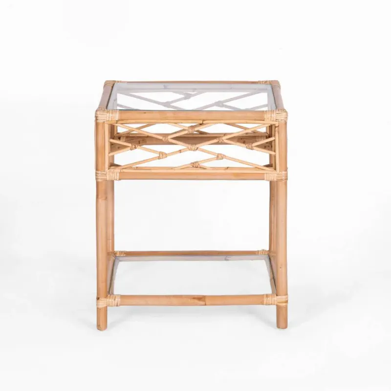 VI Chippendale Rattan with Glass Top & Shelf Bedside Table
