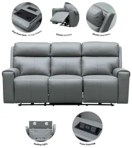 EL Jennitte 3 Seater Recliner Sofa with Power Point & USB Jet Black thumbnail 2