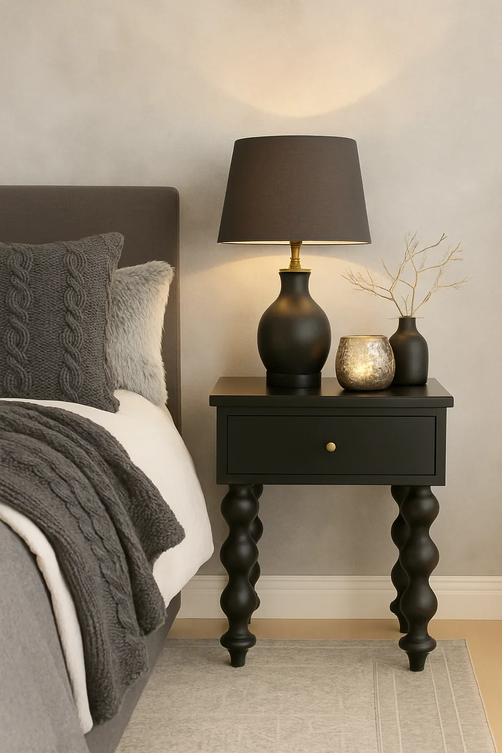 CR Carob Solid Timber Turned Leg 1 Drawer Bedside Table