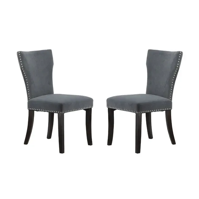 DA Studded Grey Fabric Upholstered Dining Chair Set of 2
