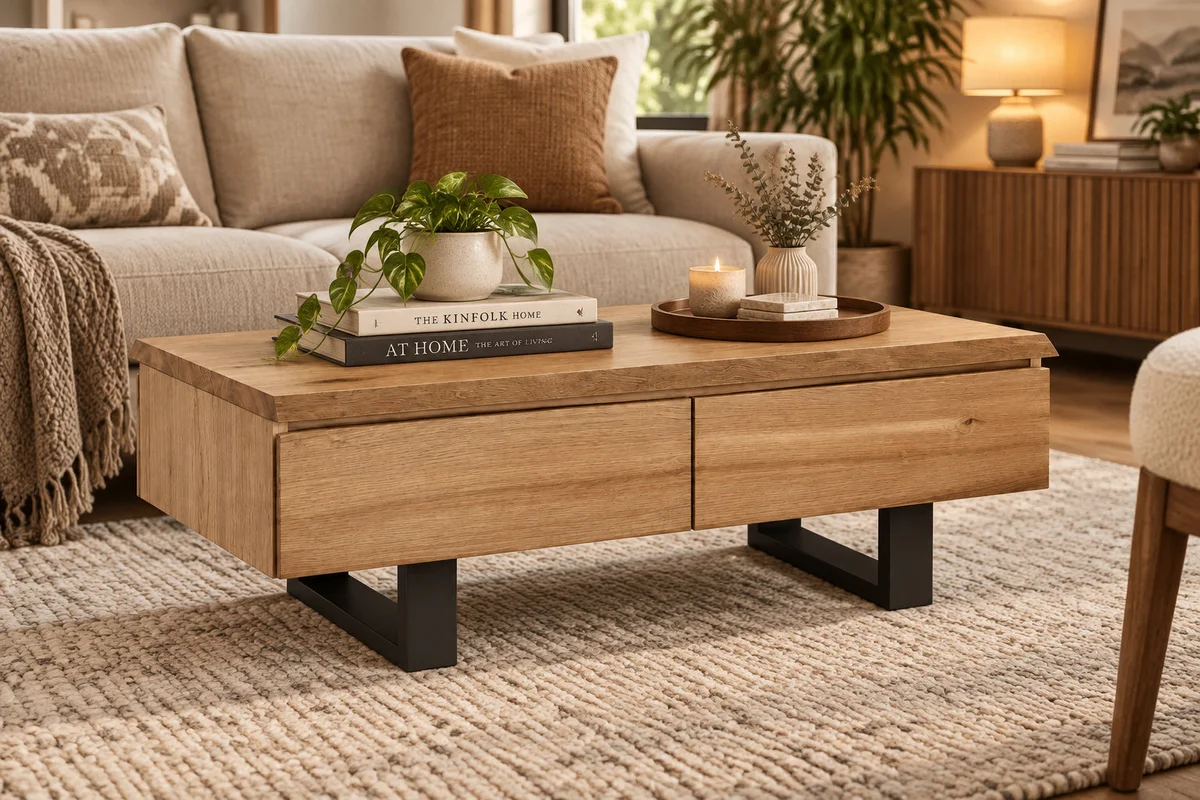 MD Nancy Solid Timber Metal Legs 2 Drawer Coffee Table