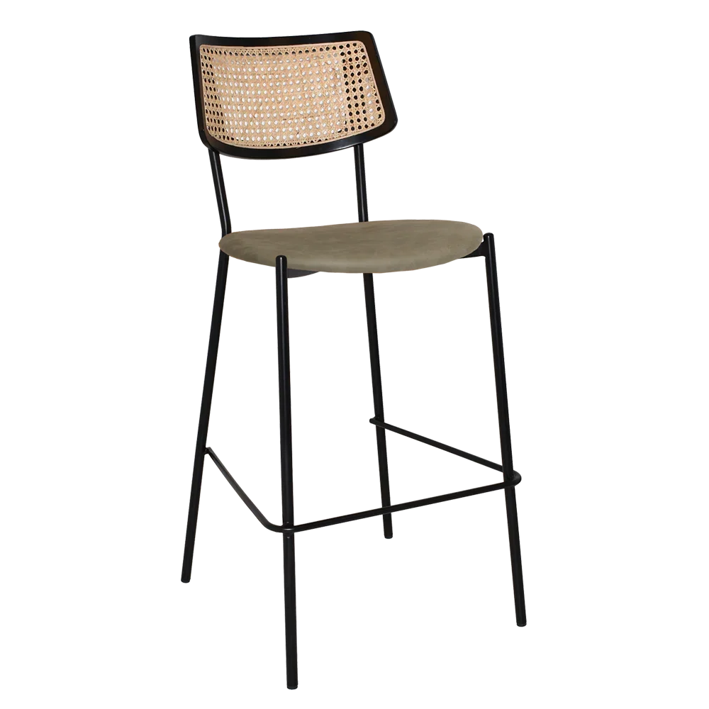 EZ Texas Black Metal Leg Barstool with Rattan Back - Black
