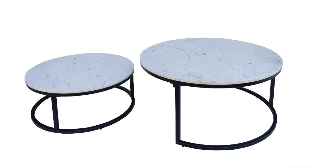 VI Caspian Marble Top Metal Base 2 Piece Round Coffee Table Set