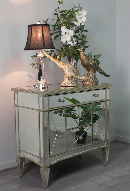 DA Bently Antiqued Mirrored Ribbed 2 Door Bedside Table