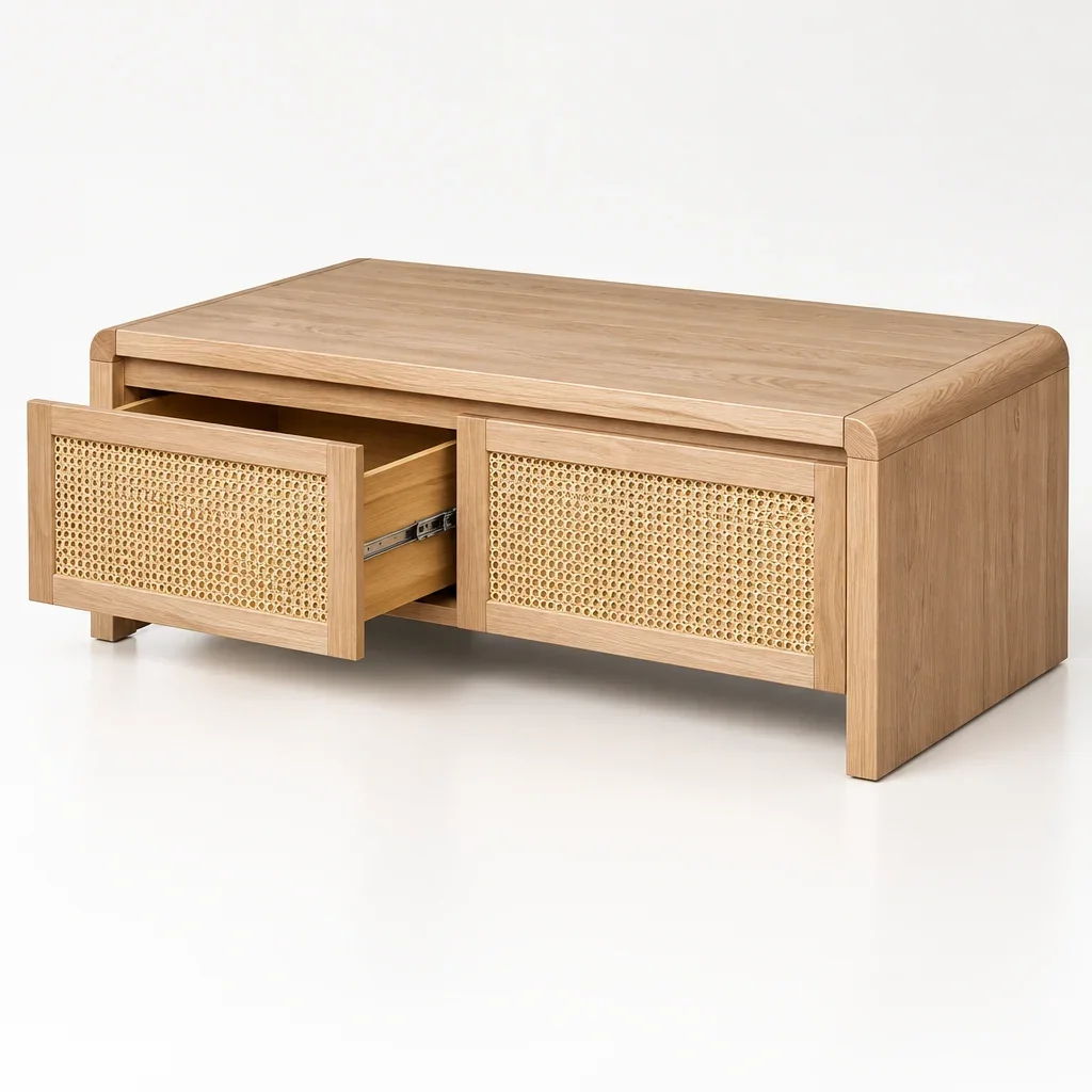 MD Metz Solid Timber Rattan Coffee Table with 2 Drawers