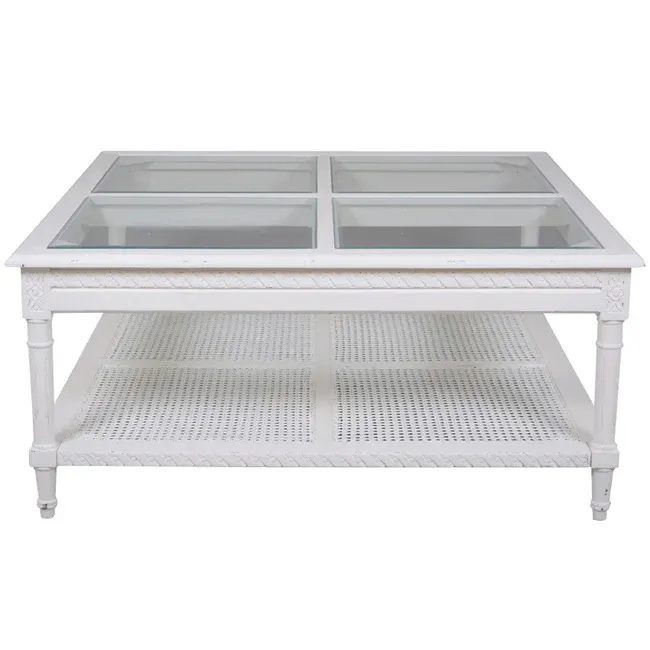 DA Polo Glass Top Square Coffee Table with Shelf – White