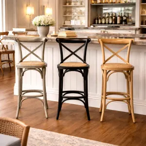 MF Cross-Back Oak Framed Rattan Seat Bar Stool thumbnail 3