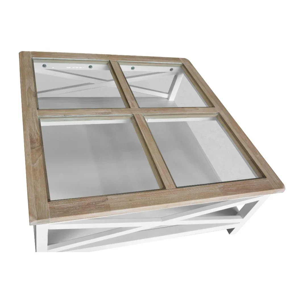 VI Shellwood Solid Timber Glass Top Square Coffee Table with Shelf