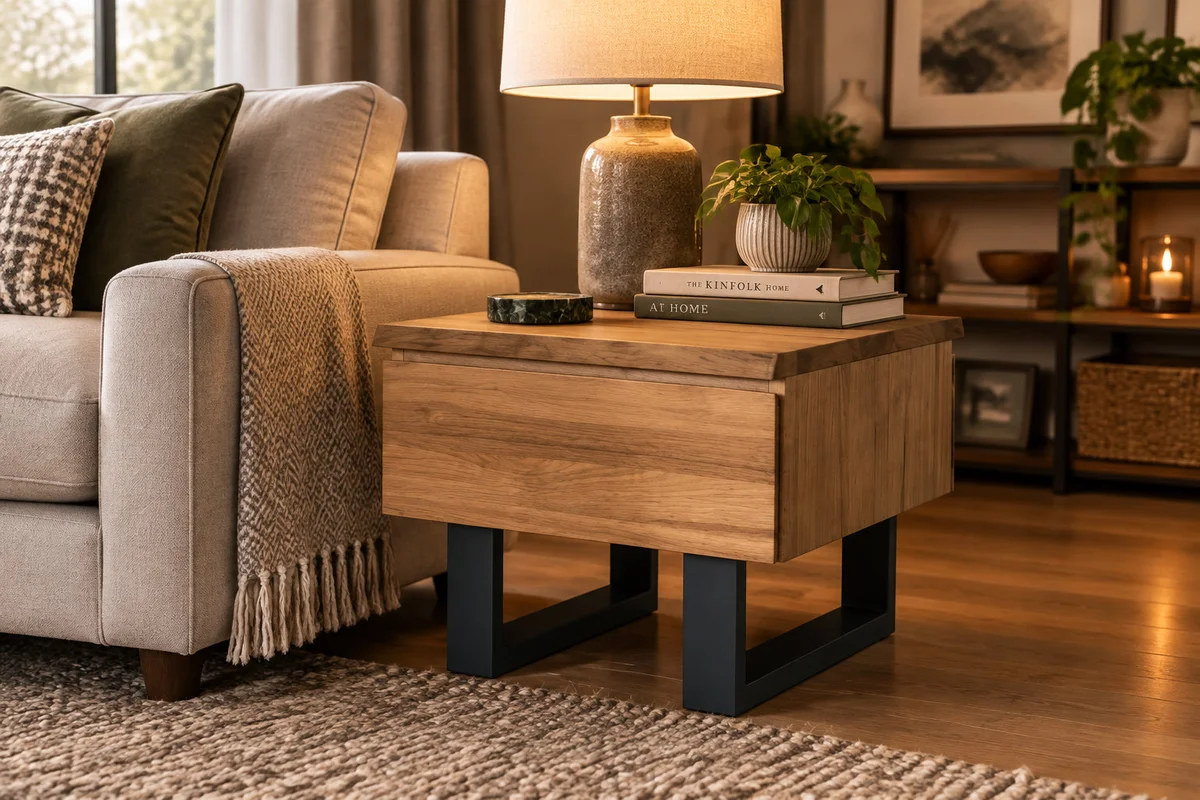 MD Nancy Solid Timber Metal Leg 1 Drawer Lamp Table