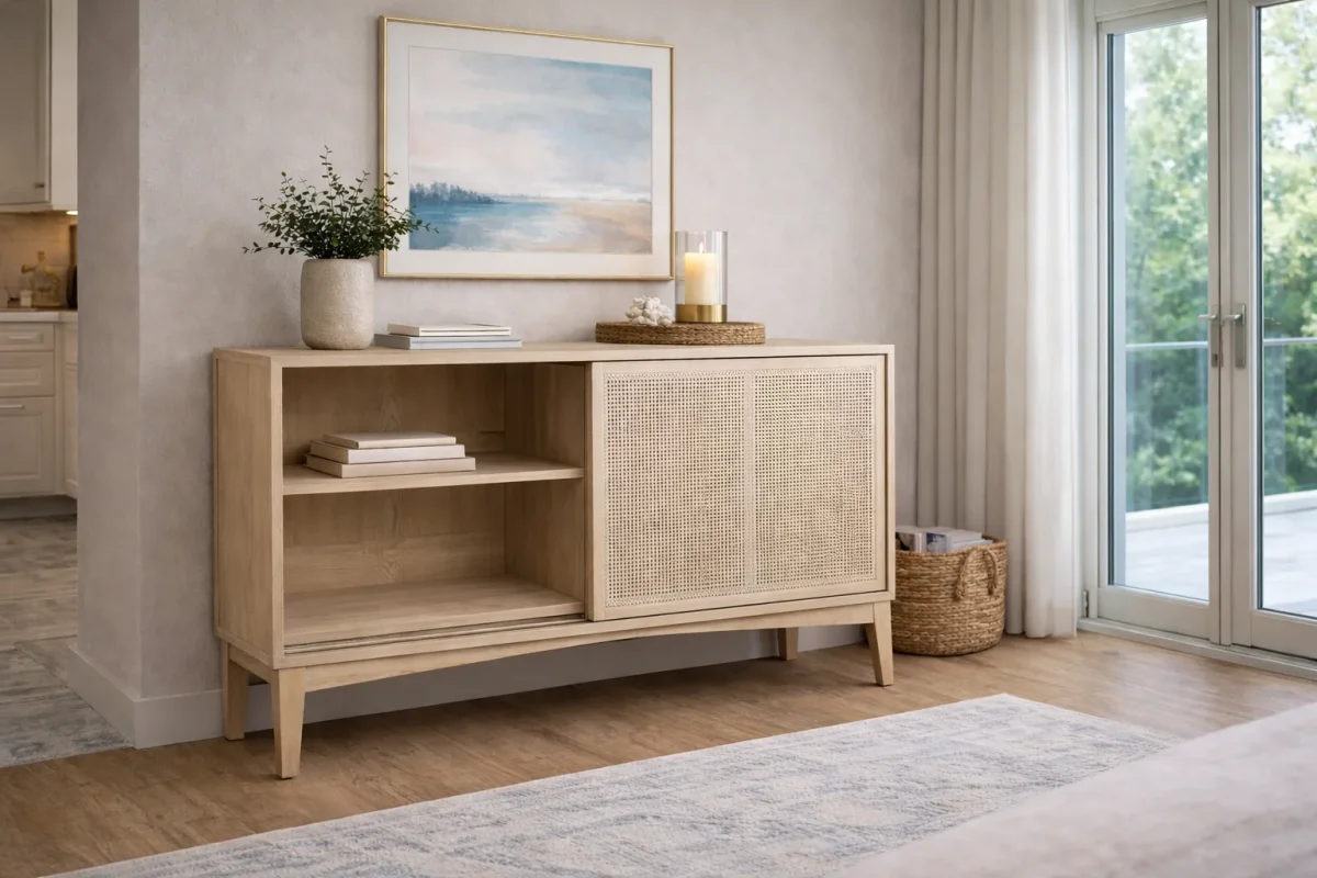 MF Bahamas Solid Oak Timber 2 Rattan Sliding Door 3 Drawer Buffet