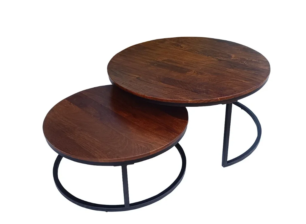 VI Talisman Round Coffee Table Set of 2Pc - Solid Timber Top Metal Base