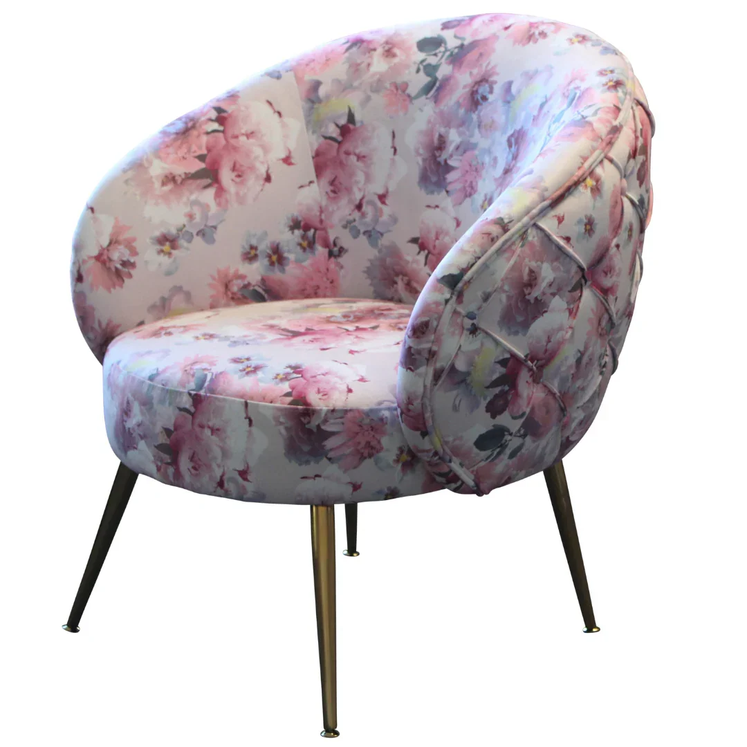 BT York Accent Chair - Diamond Tufted, Blush, Gold & Floral Deluxe Velvet