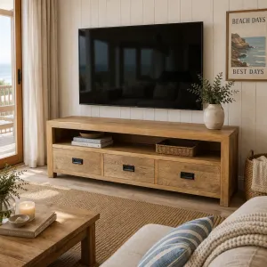 MF Solid Oak Timber 3-Drawer Entertainment Unit thumbnail 4