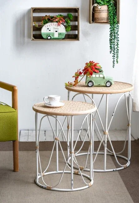 DA Bamboo Weave Top Iron Base Side Table - Set of 2