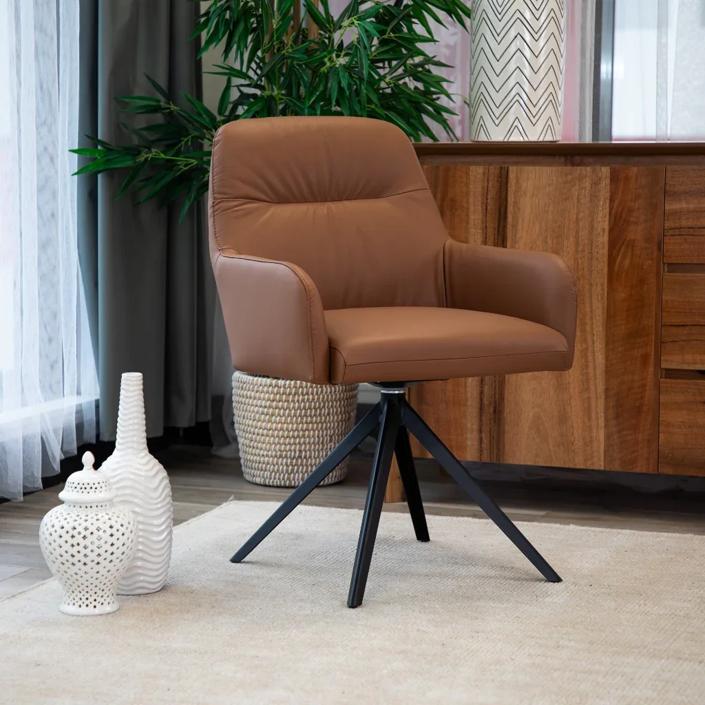 VI Calvin Leather Upholstered Metal Legs Swivel Armchair