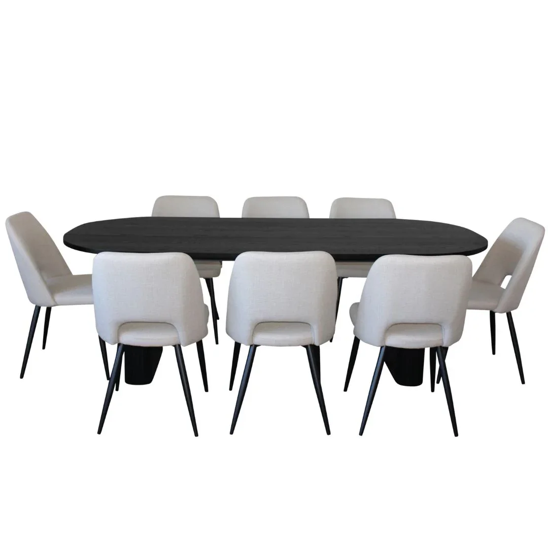 BT Melba 9 Pce Dining Black with Zara Fabric Chairs Set