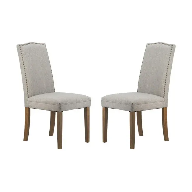DA Studded Smoky Grey Fabric Upholstered Dining Chair Set of 2
