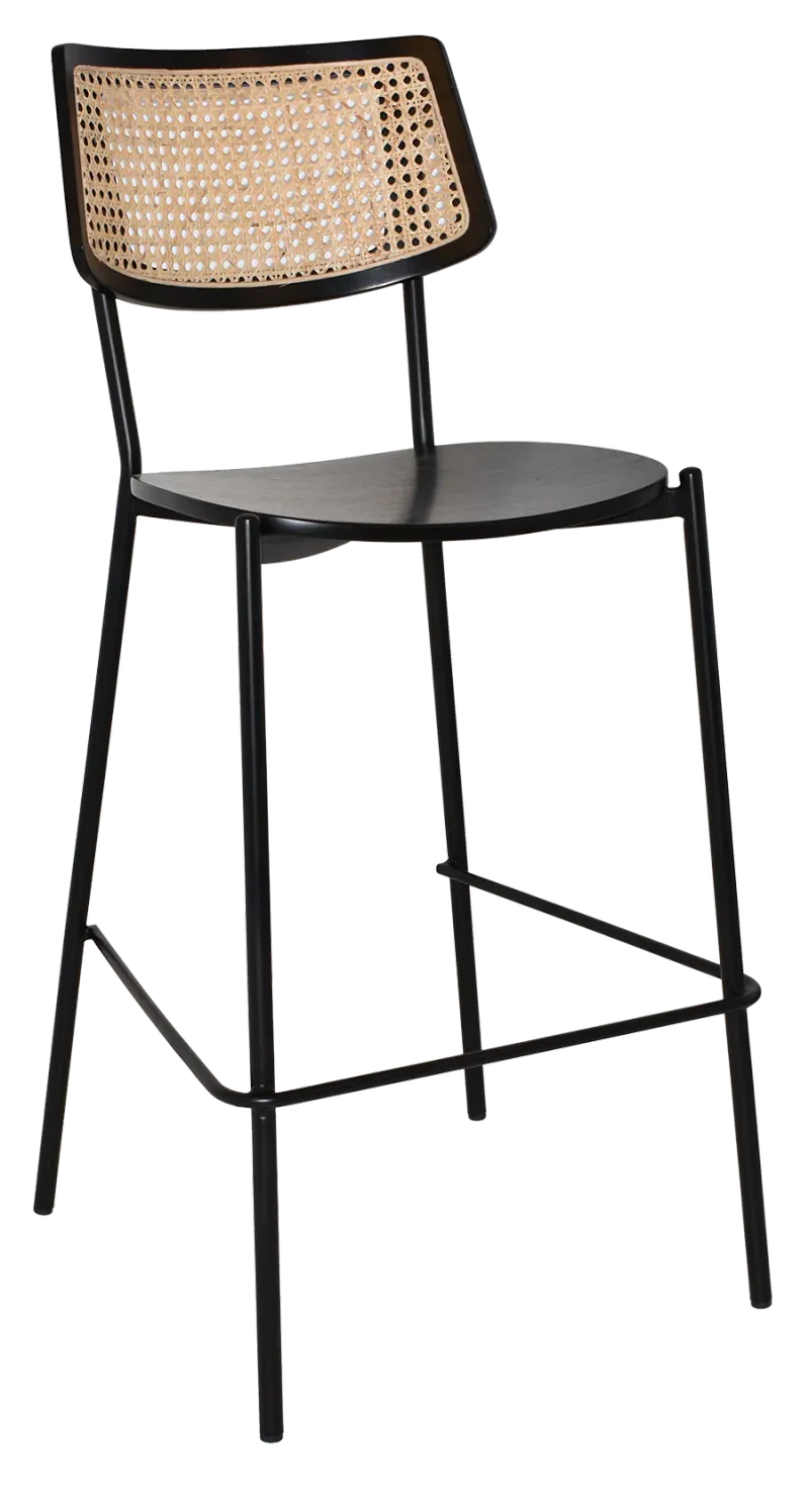 EZ Texas Black Metal Leg Barstool with Rattan Back - Black
