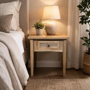 MF Oakwood Louvre Solid Timber 1 Drawer Lamp Table thumbnail 2