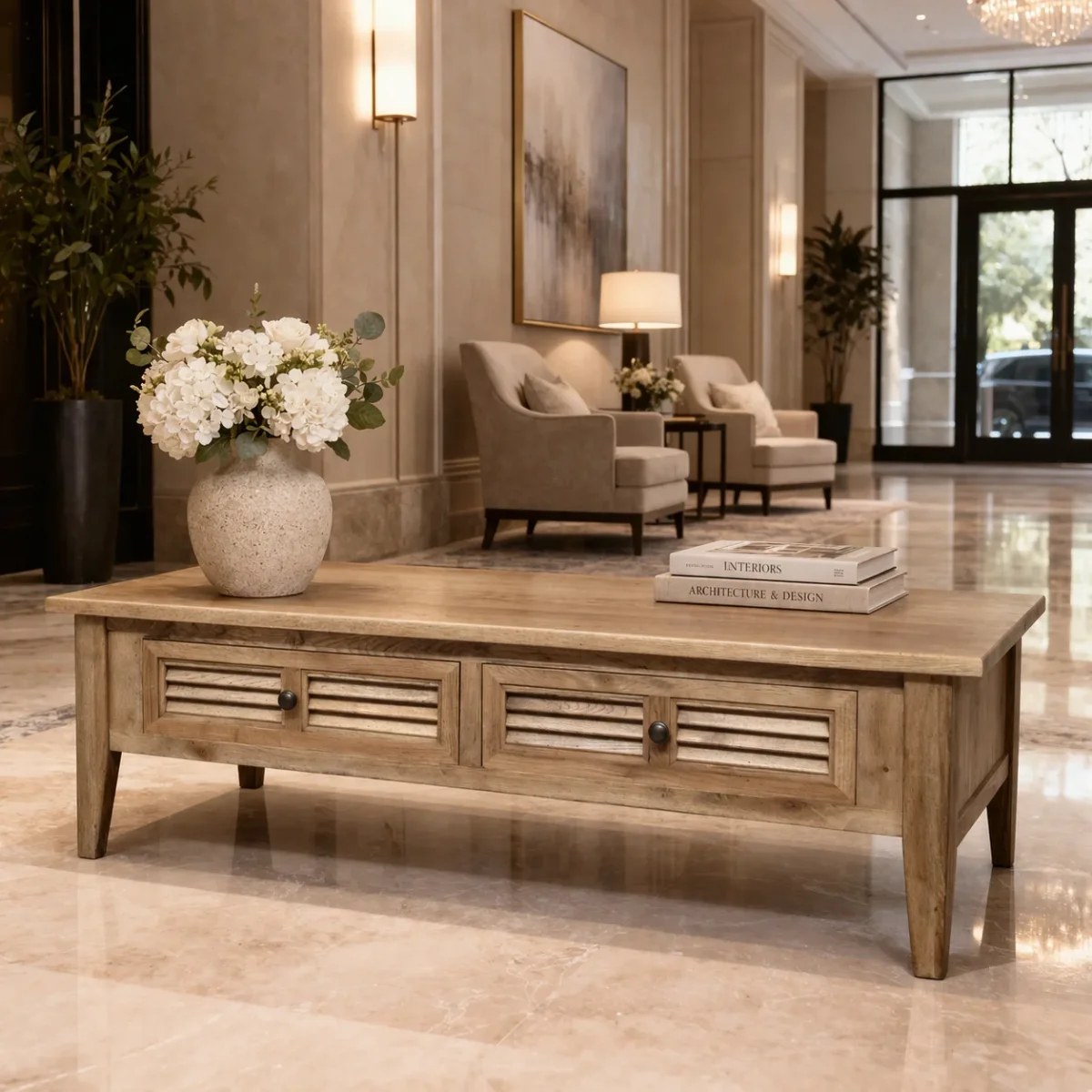 MF Oakwood Louvre Solid Timber 2 Drawer Coffee Table
