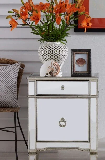 DA Antiqued Mirrored 1 Door 1 Drawer Bedside Table