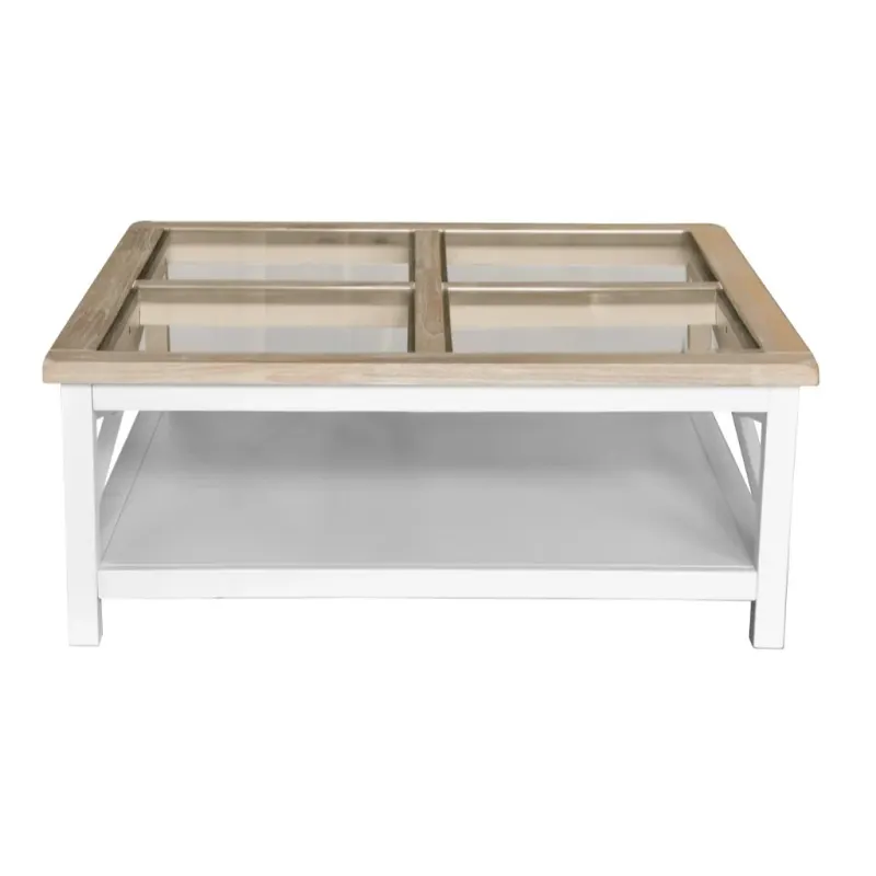 VI Shellwood Solid Timber Glass Top Square Coffee Table with Shelf