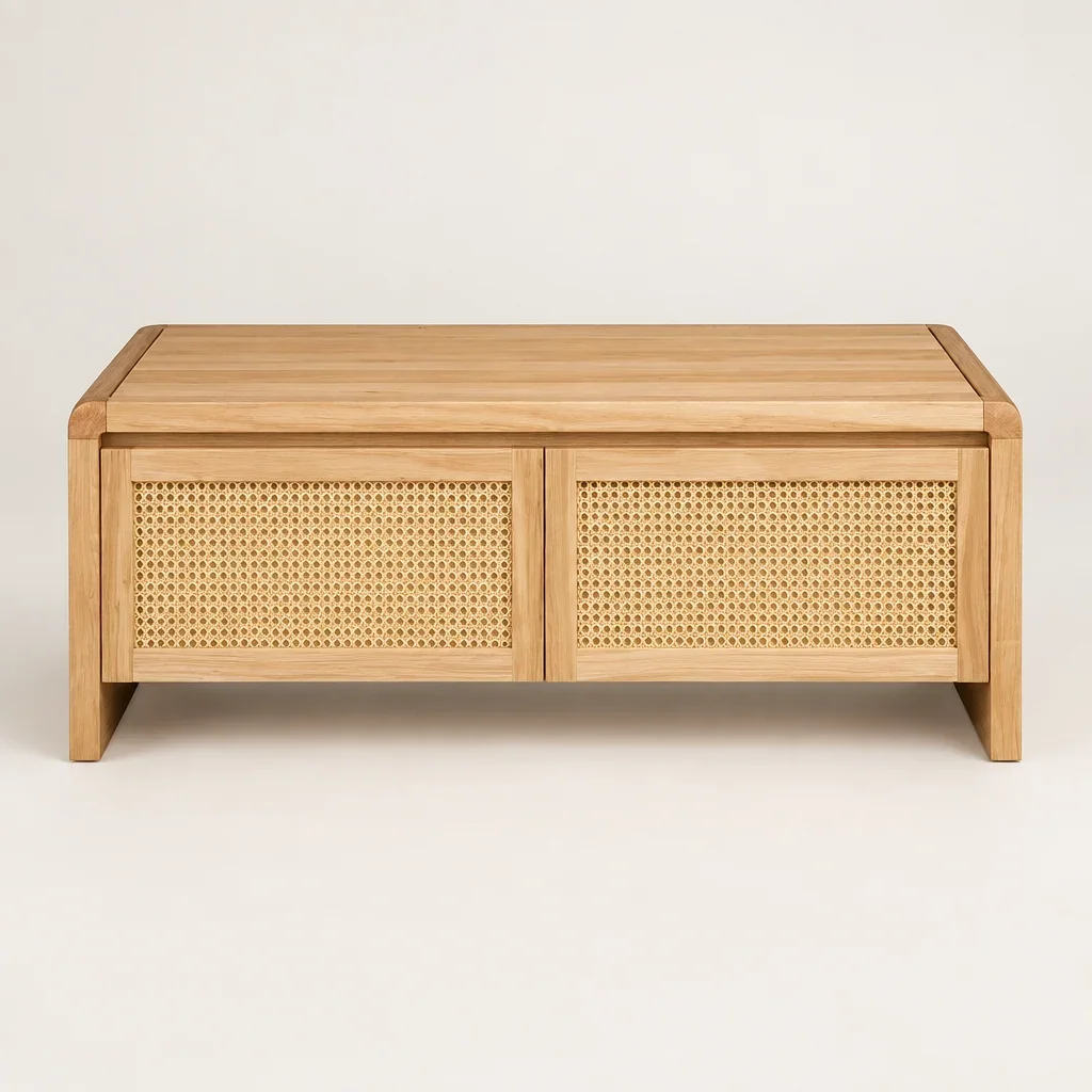 MD Metz Solid Timber Rattan Coffee Table with 2 Drawers