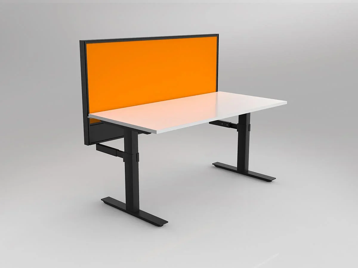 OL Agile Single Desk with Hung Screen – Black Frame – Orange Screen (DRAFT)