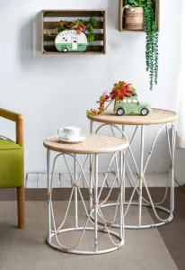 DA Bamboo Weave Top Iron Base Side Table - Set of 2 thumbnail 5
