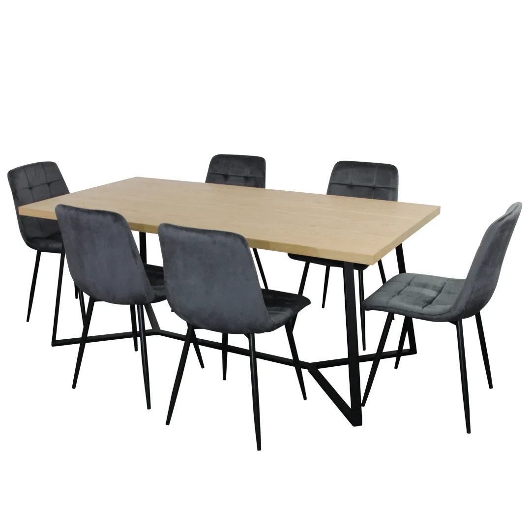 BT April Metal Leg Timber Veneer Top Dining Table with 6 Fiore Chairs Set