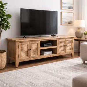 MF Oakwood Louvre Solid Timber 4 Door Entertainment Unit thumbnail 3